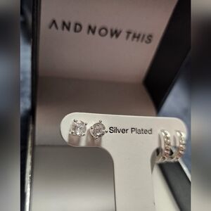 MACY'S, AND NOW THIS, FINE SILVER PLATED 2 PAIRS EARRINGS, CLEAR CRYSTALS
